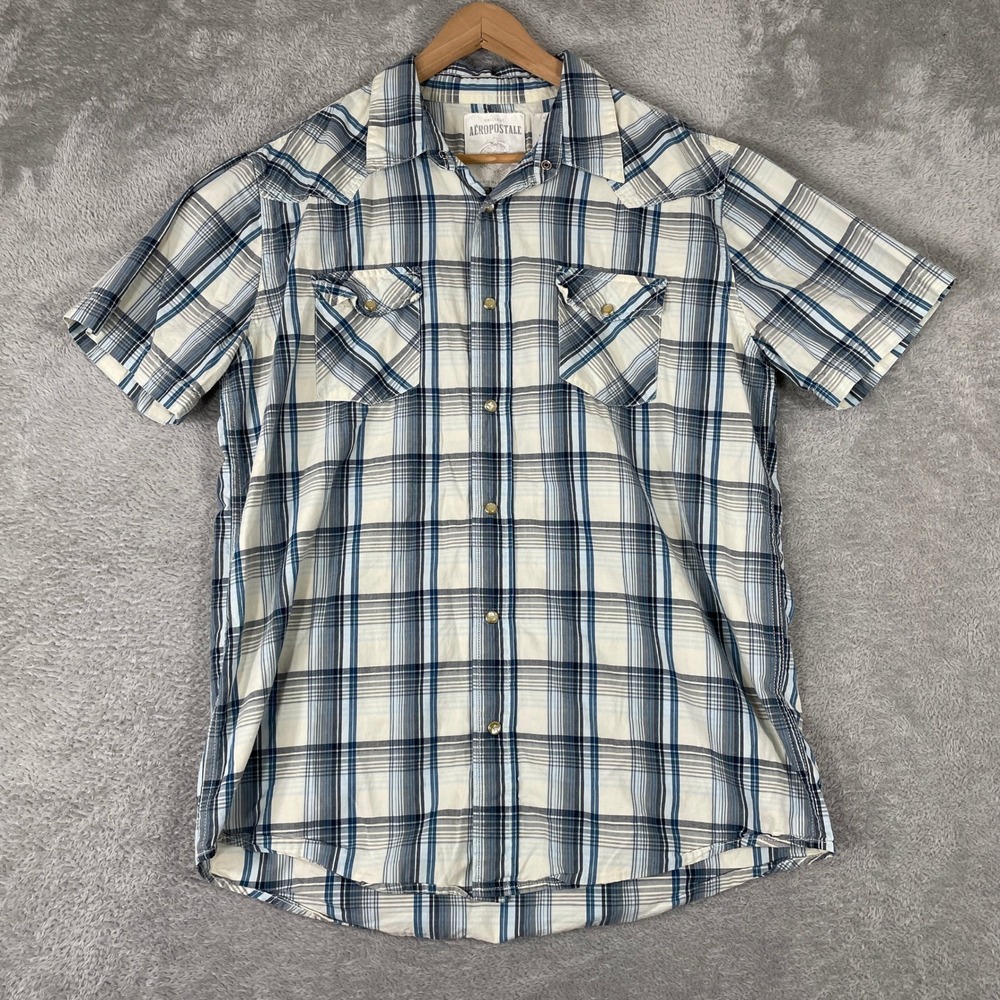 Aeropostale Western Shirt Mens Large Blue Plaid Pearl Snap Y2K Cowboy Indie